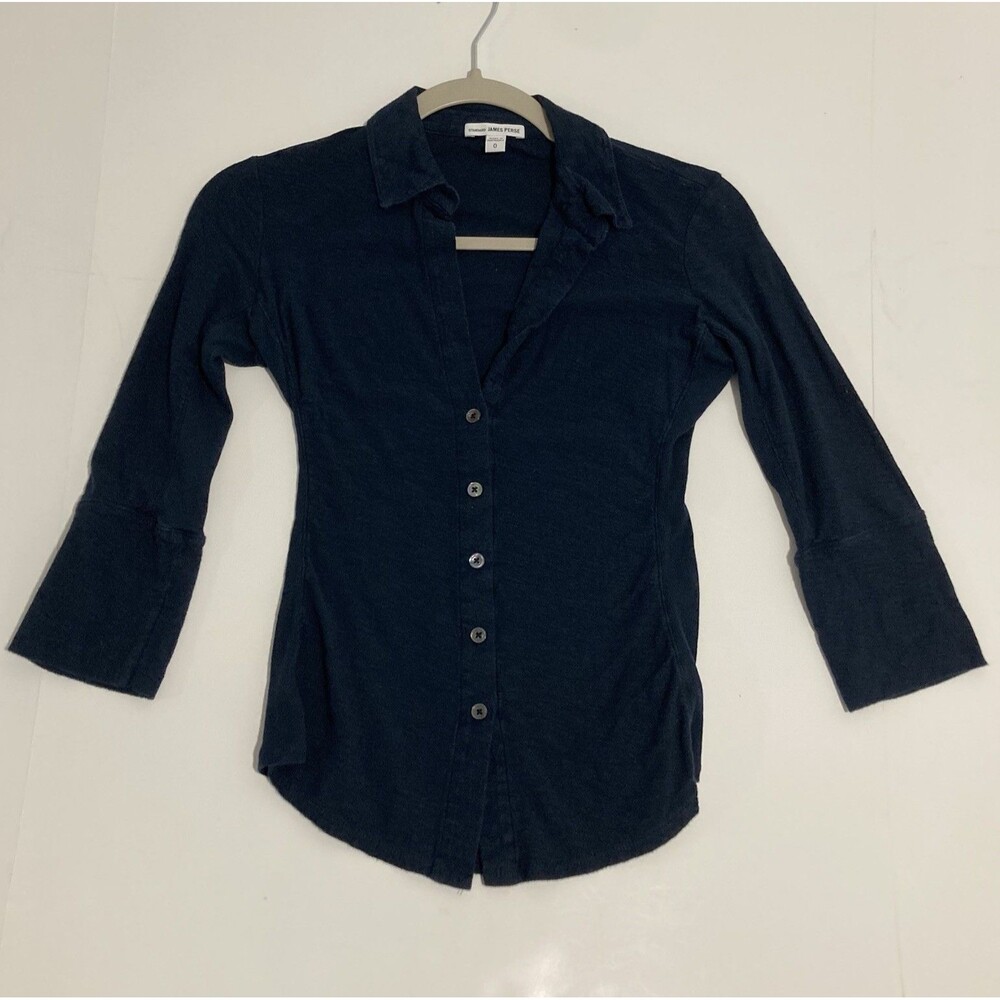 Standard James Perse Navy Fitted Long Sleeve Button Up Shirt Slub Cotton Pockets